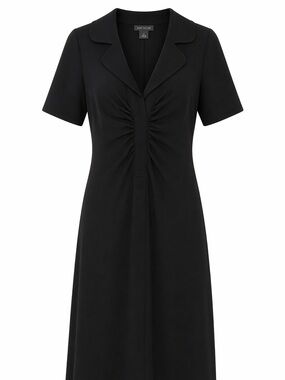 Ann Taylor Black Dress with Notched Collar and Ruched Front
